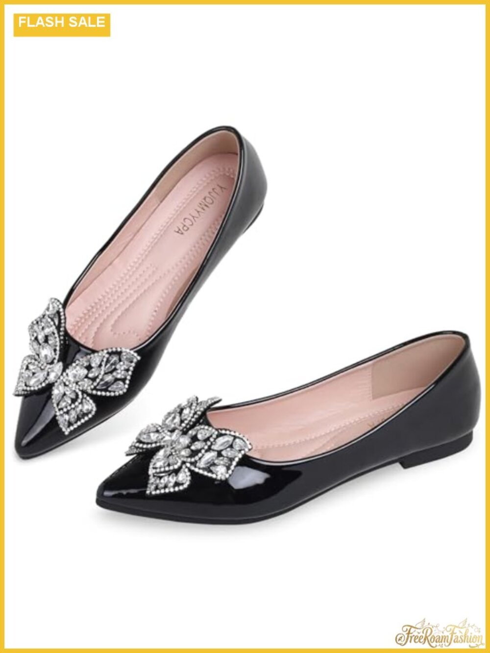 Rhinestone Patent Leather Ballet Flats Pointed Toe Slip-On